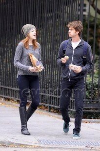 Actress Emma Stone, star of "The Help," goes for a walk with her "The Amazing Spider-Man" co-star Andrew Garfield in New York City