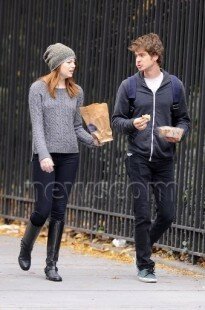Actress Emma Stone, star of "The Help," goes for a walk with her "The Amazing Spider-Man" co-star Andrew Garfield in New York City